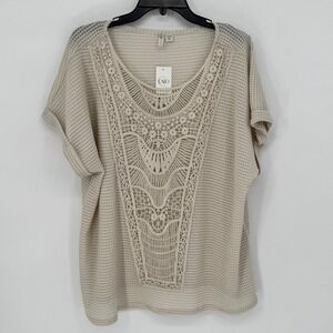 Cato Women Plus Size 18/20W Crochet Lace Bib Waffle Knit Top Cream Boho New